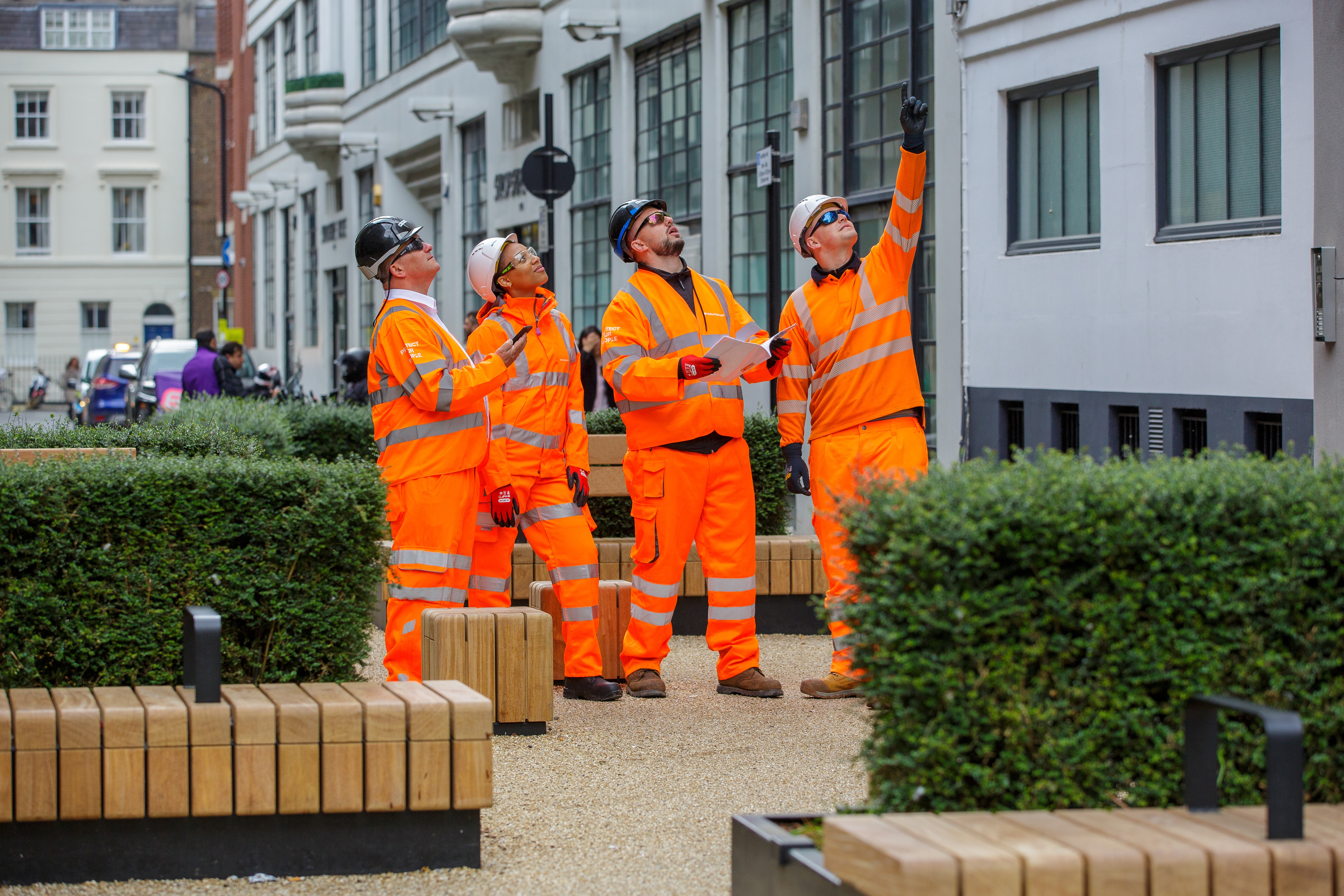 Highway workers engaging